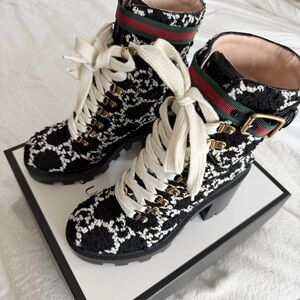 Gucci Tweed GG monogram lace up boots